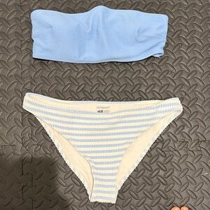 Swim! H&M Sky Blue Ribbed Bandeau Top with Striped Blue & White Bikini Bottoms